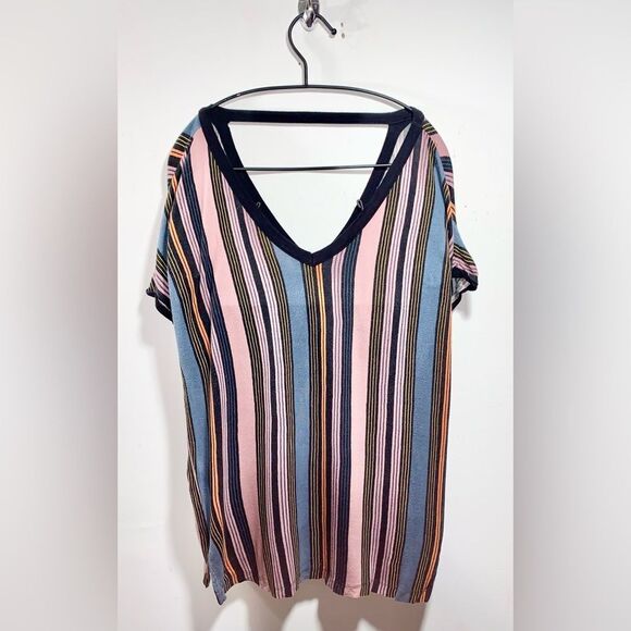 Loft Outlet Short sleeve Pink , Black & Blue cut out design striped top S:M - Picture 1 of 3